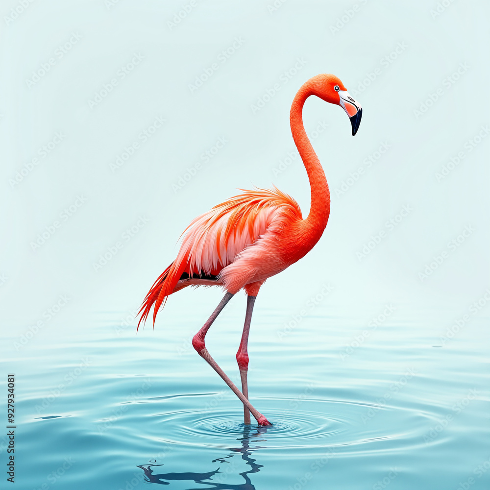 Fototapeta premium Graceful watercolor depiction of a vibrant flamingo standing elegantly in the shallow waters of a serene lagoon