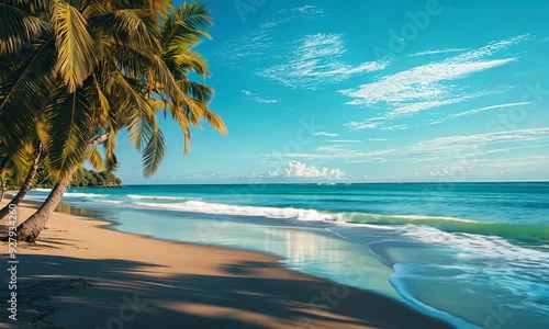 a beach with palm trees and the ocean in the background