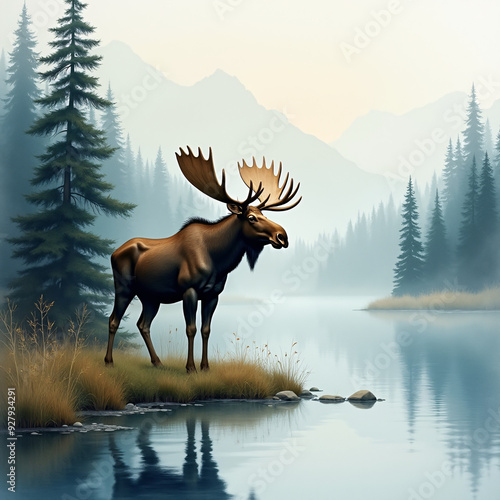 Majestic watercolor scene of a towering moose standing proudly beside a misty and tranquil lake in a peaceful forest