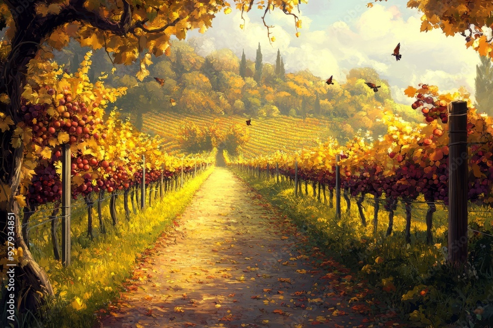 Naklejka premium anime-style Enchanted Autumn Vineyard: Mature Fruits on the Vines and the Melodious Song of Birds in an Empty Garden, an Idyllic Agricultural Retreat,Anime-Style,illustration,Picture BooksFor Poster,N