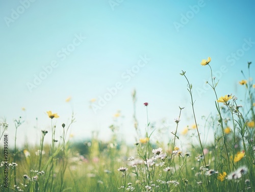 Summer field landscape with grass and wildflowers under clear blue sky for wallpaper with copy space