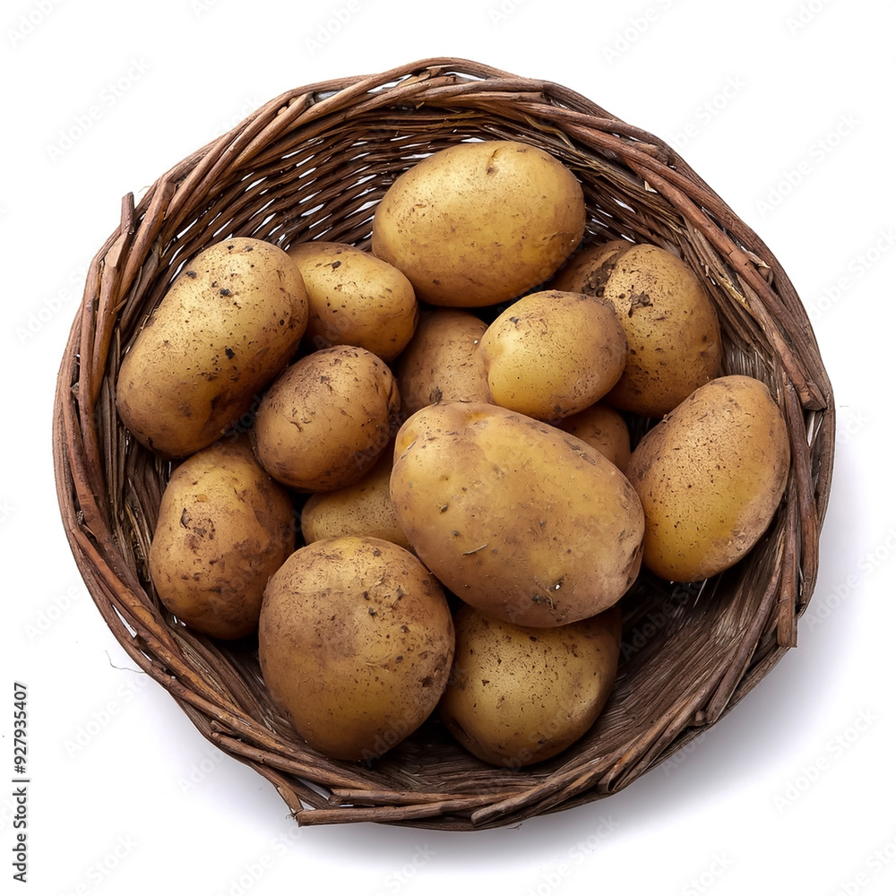 a basket of freshly picked potatoes still covered in dirt isolated on white background a basket of freshly picked potatoes still covered in dirt isolated on white background
