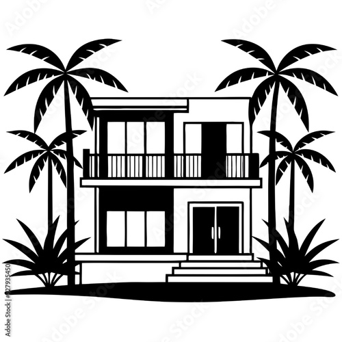 Tropical Paradise Retreat: A modern villa nestled amidst swaying palm trees, offering a serene escape in black and white. 