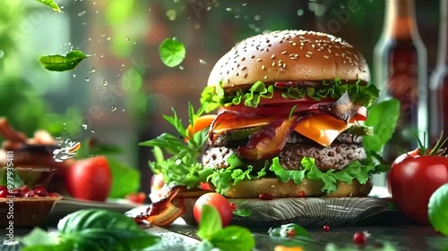 Wallpaper Mural Delicious gourmet burger preparation with fresh ingredients and vibrant colors in a rustic kitchen setting Torontodigital.ca