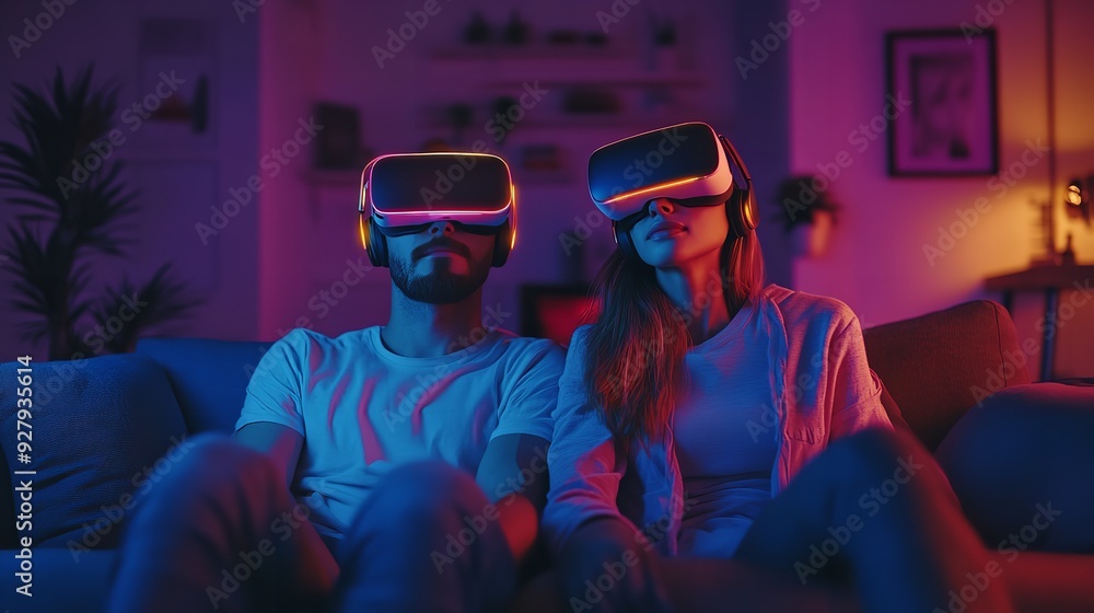 Metaverse Virtual Reality Headset and Couple on Sofa in Home Metaverse Virtual Reality Headset and Couple on Sofa in Home