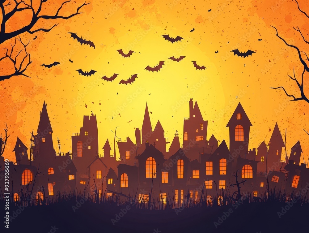 Halloween 2021 city panorama in spooky style, orange and yellow vector illustration Halloween 2021 city panorama in spooky style, orange and yellow vector illustration
