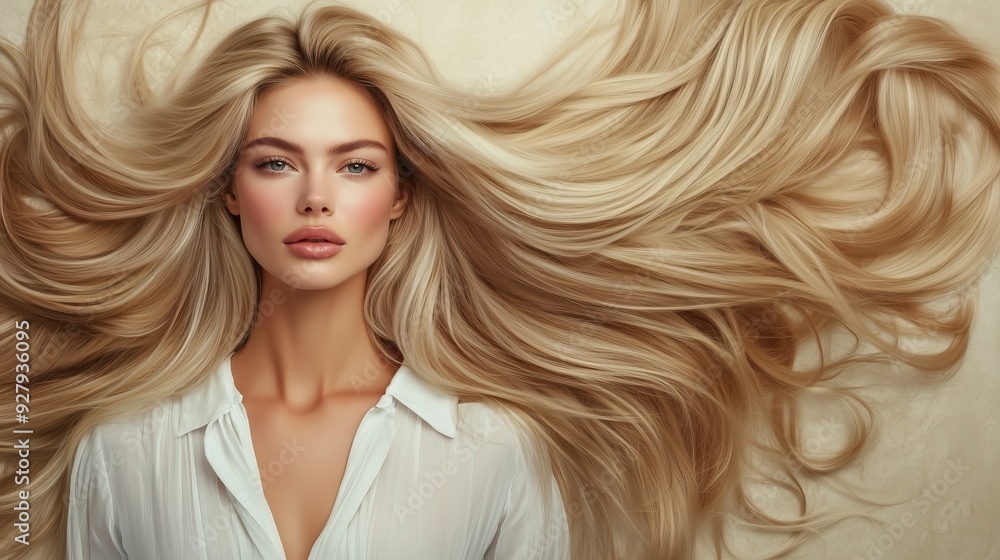 Blonde caucasian woman with long flowing hair and neutral expression, wearing a white blouse, laying on a textured surface Blonde caucasian woman with long flowing hair and neutral expression, wearing a white blouse, laying on a textured surface