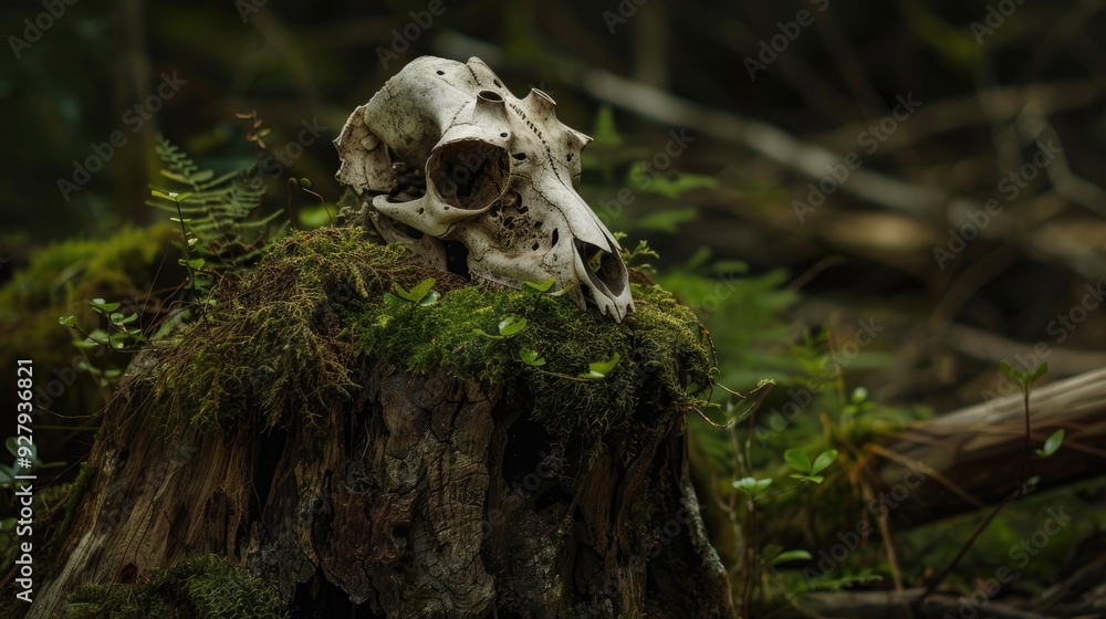 Kangaroo skull on tree stump with moss in dark forest evoking moody pagan totem Kangaroo skull on tree stump with moss in dark forest evoking moody pagan totem