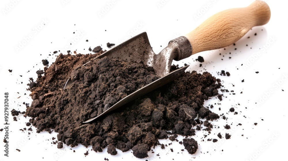 Gardening tool with soil on white background Gardening tool with soil on white background