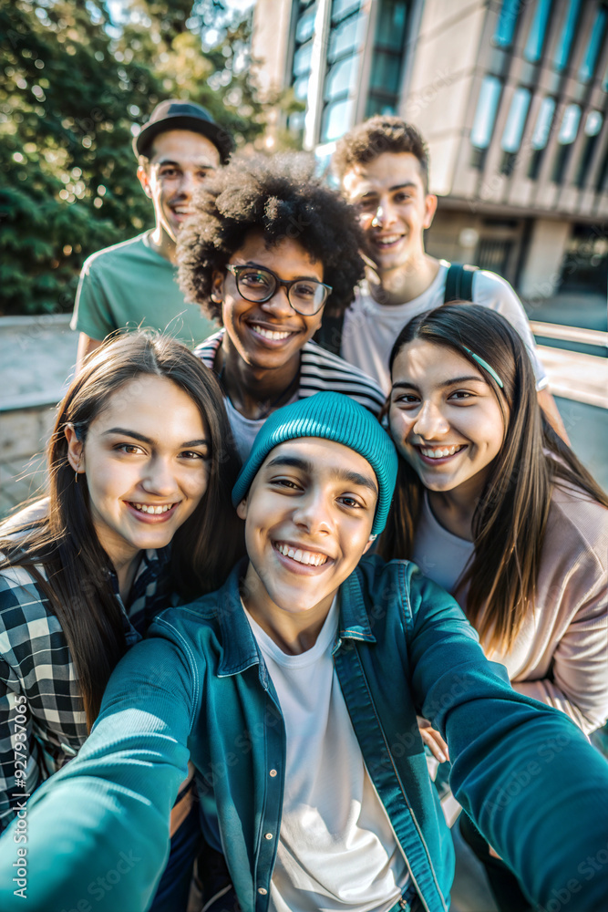 Young People Taking Selfie Together in First Person View, Fun Group Photo Young People Taking Selfie Together in First Person View, Fun Group Photo