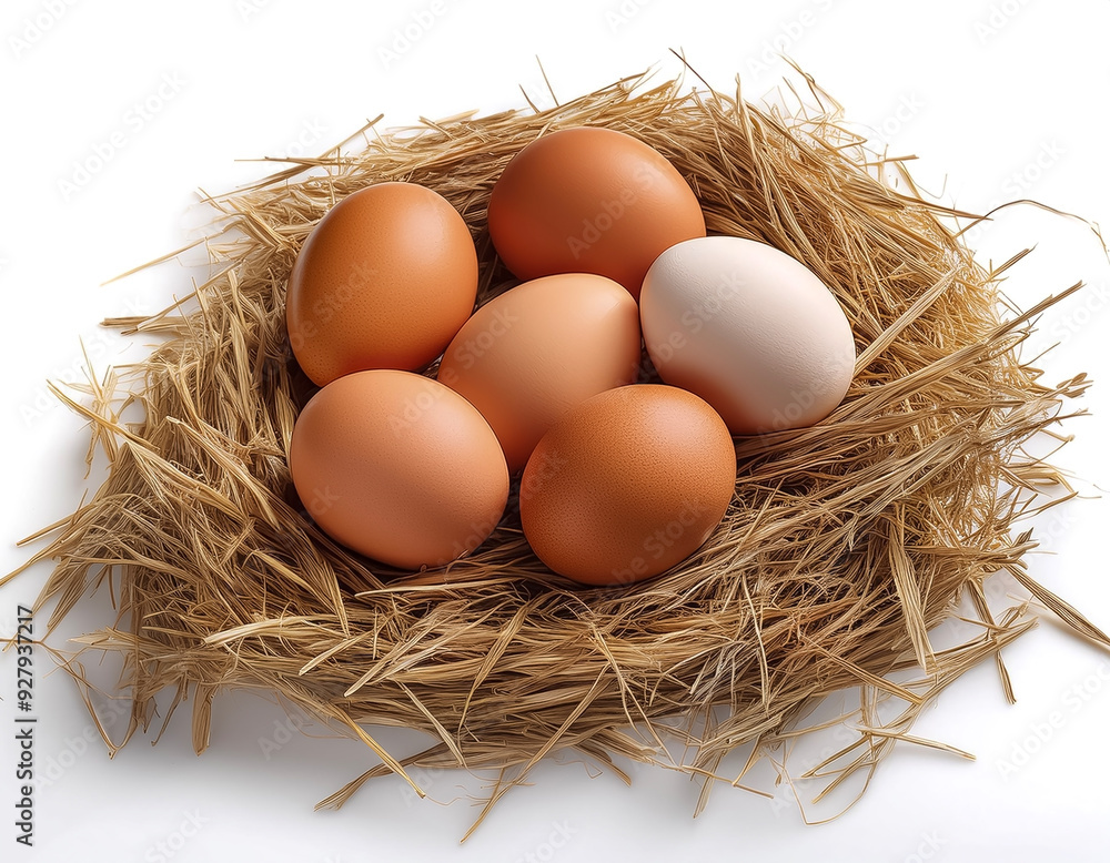 fresh chicken eggs in a haystack isolated on white background fresh chicken eggs in a haystack isolated on white background