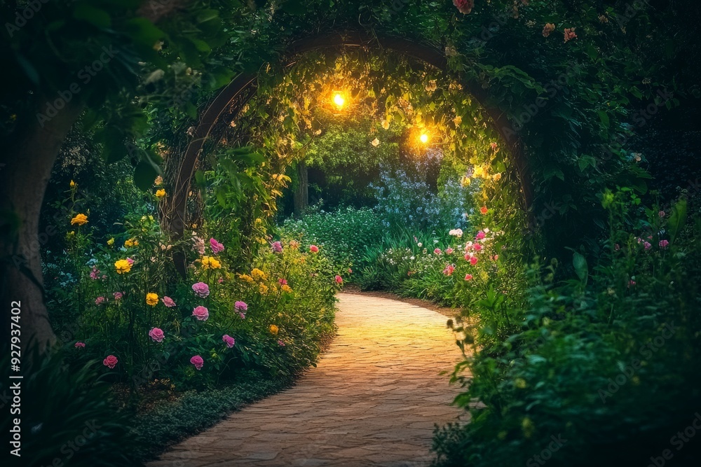 Enchanted evening garden pathway illuminated by soft light, blossoming flowers, and verdant foliage Enchanted evening garden pathway illuminated by soft light, blossoming flowers, and verdant foliage