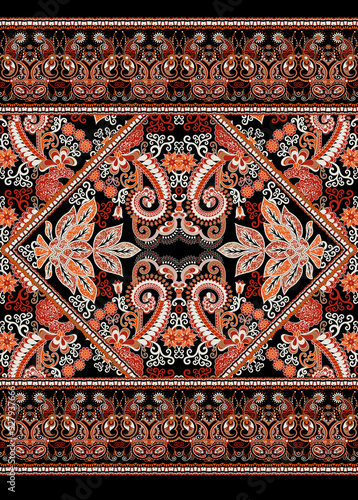 Colorful asian style floral pattern. Dark background floral tapestry. paisley pattern with traditional indian style, design for decoration and textiles