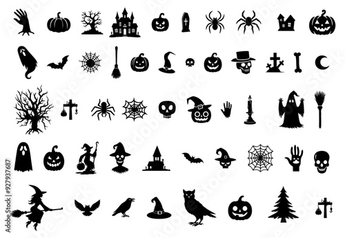 Vector illustration. Giant set of black silhouettes for Halloween. photo