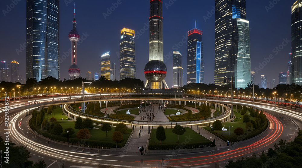 Fototapeta premium Modern City buildings in shanghai square and bridge at nigth 