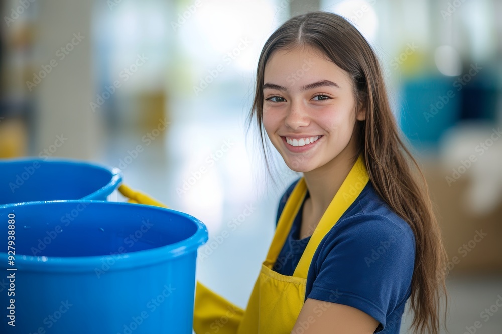 Smiling young cleaning lady in blue apron and yellow gloves holding buckets, blurred background Smiling young cleaning lady in blue apron and yellow gloves holding buckets, blurred background
