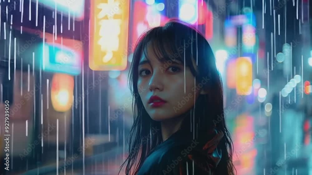Young woman on a Tokyo neon street at night Young woman on a Tokyo neon street at night