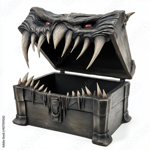 Sinister Mimic Chest with Open Lid: A menacing mimic chest with its lid wide open, showcasing sharp, jagged teeth photo