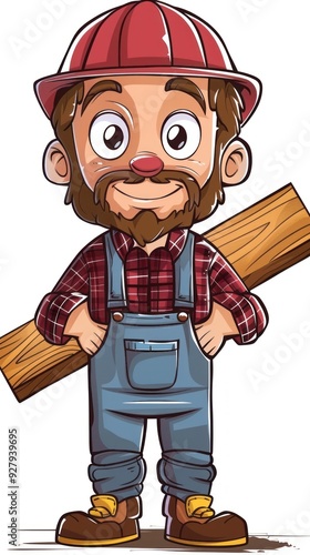 A cheerful cartoon lumberjack holding a wooden plank, dressed in overalls and a plaid shirt. photo