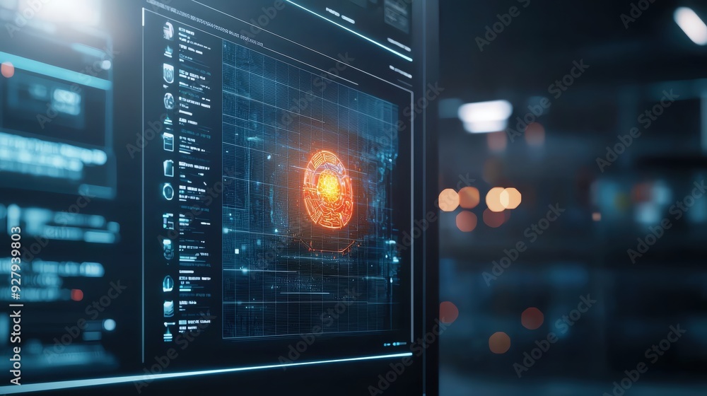 Futuristic technology interface displaying a glowing core in a high-tech environment with data visualizations. Futuristic technology interface displaying a glowing core in a high-tech environment with data visualizations.