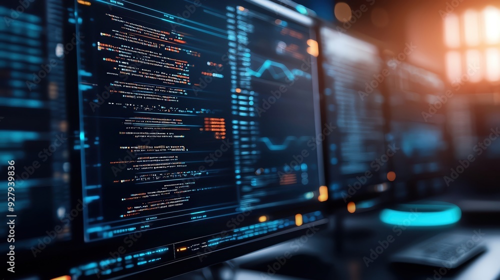Futuristic workspace with multiple monitors displaying code and data analytics. Ideal for tech and programming themes. Futuristic workspace with multiple monitors displaying code and data analytics. Ideal for tech and programming themes.