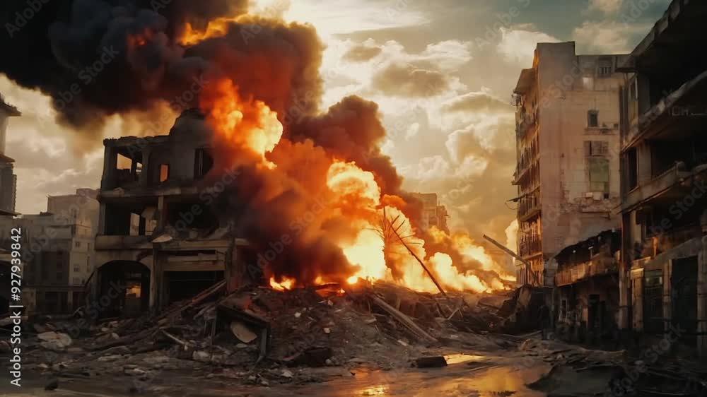 War torn city in destruction burning War torn city in destruction burning
