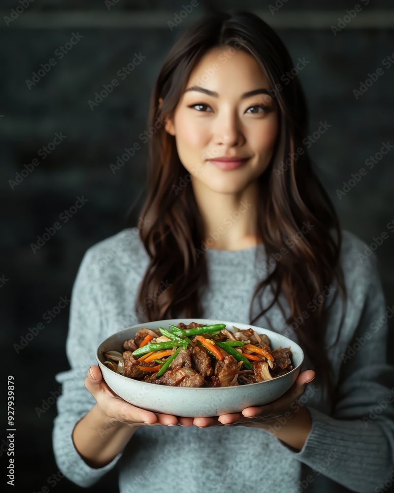 Young woman proudly presents a delicious dish with vibrant vegetables, showcasing culinary skills and passion for cooking. Young woman proudly presents a delicious dish with vibrant vegetables, showcasing culinary skills and passion for cooking.