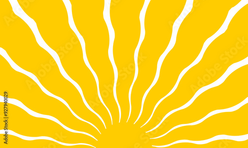 Groovy sun with wavy yellow rays. Summer theme background. Sunburst, sunrise or sunset poster in trendy preppy style. Modern psychedelic print. Vector flat illustration.