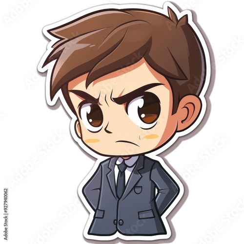 A cartoon character in a suit with a serious expression, hands on hips.