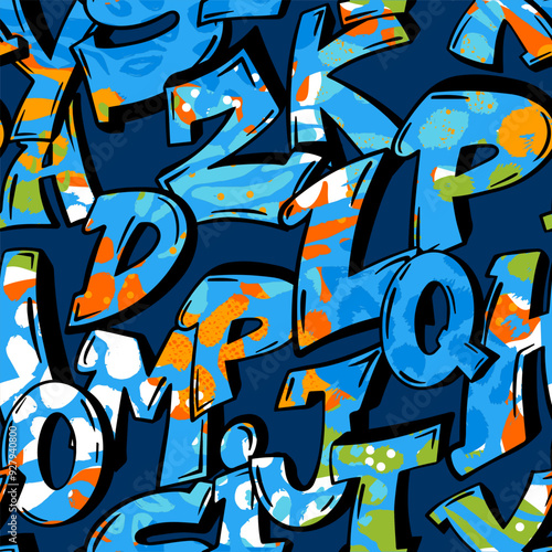 Abstract seamless chaotic pattern with retro graffiti, words. Grunge texture background. Fashion cool teen style Wallpaperure background. Fashion cool teen style Wallpaper