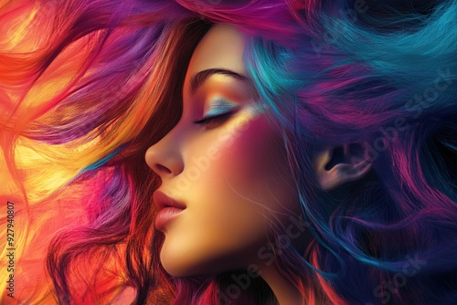 Vibrant surreal portrait of woman with colorful hair in abstract art style for digital illustration