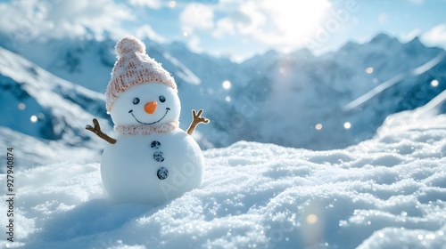 A Snowy Day in the Mountains With a Happy Snowman