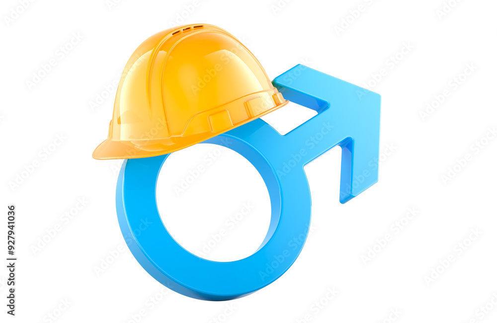 Construction hard hat with male gender symbol, 3D rendering isolated on transparent background Construction hard hat with male gender symbol, 3D rendering isolated on transparent background