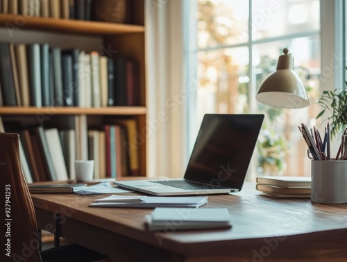 Cozy home workspace with laptop, documents, and books on wooden desk in modern interior