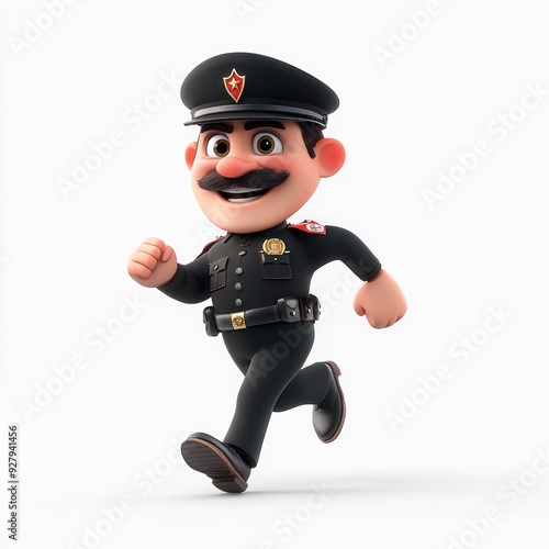 A cartoonish character in a police uniform running energetically.