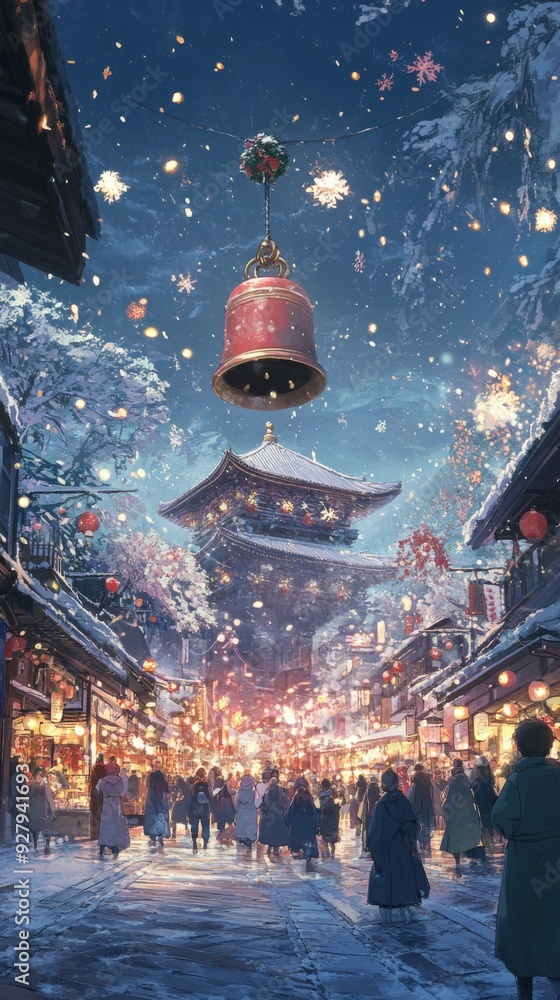 Anime-Style New Year's Eve Celebration: Enchanted Town Gathers for the Joyous Chimes and Festive Commemoration in a Whimsical Illustration Anime-Style New Year's Eve Celebration: Enchanted Town Gathers for the Joyous Chimes and Festive Commemoration in a Whimsical Illustration