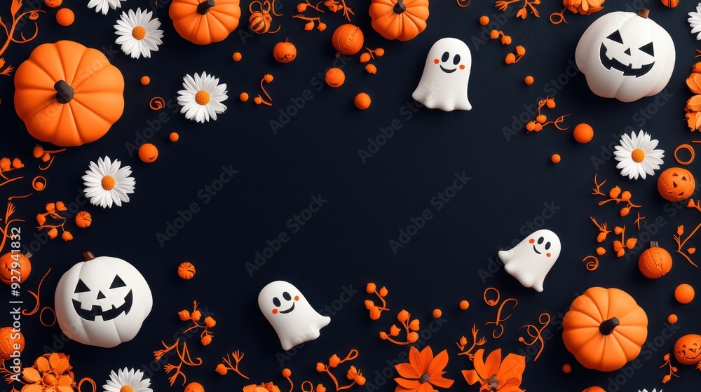 Autumn harvest illustration featuring playful ghosts, carved pumpkins, and vibrant flowers on a dark background for Halloween festivities. Generative AI Autumn harvest illustration featuring playful ghosts, carved pumpkins, and vibrant flowers on a dark background for Halloween festivities. Generative AI