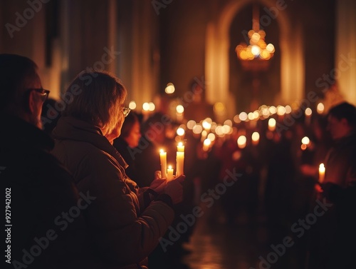 Candlemas celebration  christian holiday gathering with people holding candles in church