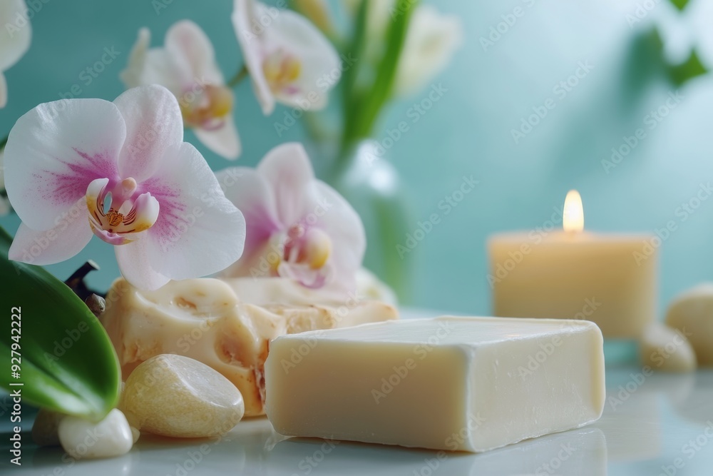 Orchid and soap spa setup for showcasing natural cosmetics in an elegant commercial display Orchid and soap spa setup for showcasing natural cosmetics in an elegant commercial display