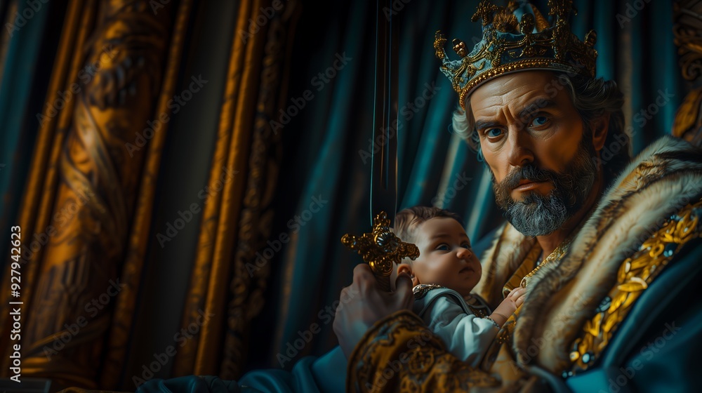 Fototapeta premium Rei Salomão; King Solomon with a sword in his hand and a child on his lap, the story of the king who would decide who should be the child's mother.