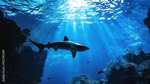 Shark silhouette swimming up aquarium tank