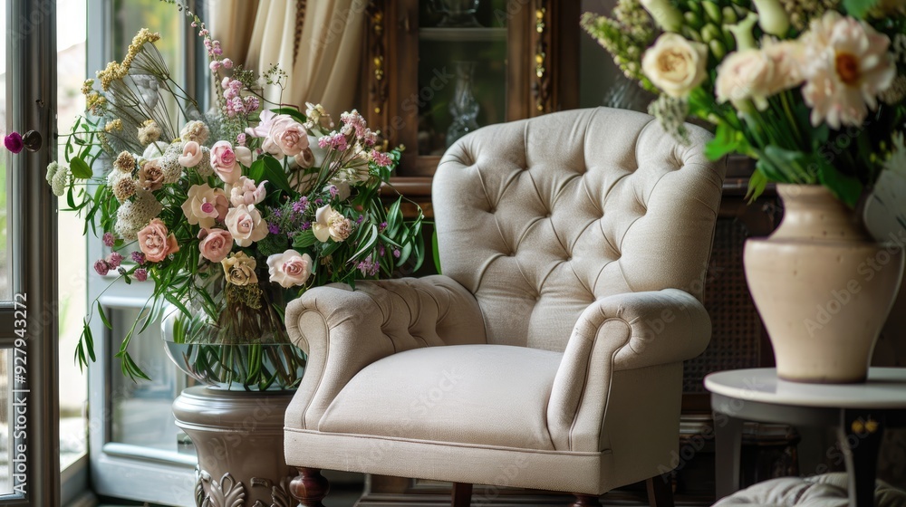 Classic armchair with beige upholstery adorned with vases of flowers for spring decor Classic armchair with beige upholstery adorned with vases of flowers for spring decor