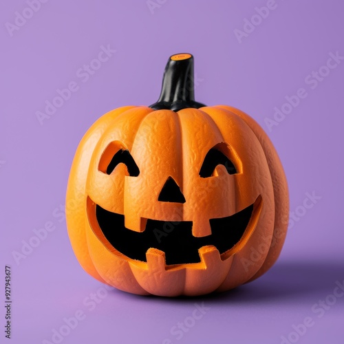 Jack-o-lantern, a carved Halloween pumpkin on a purple background., Halloween theme. photo