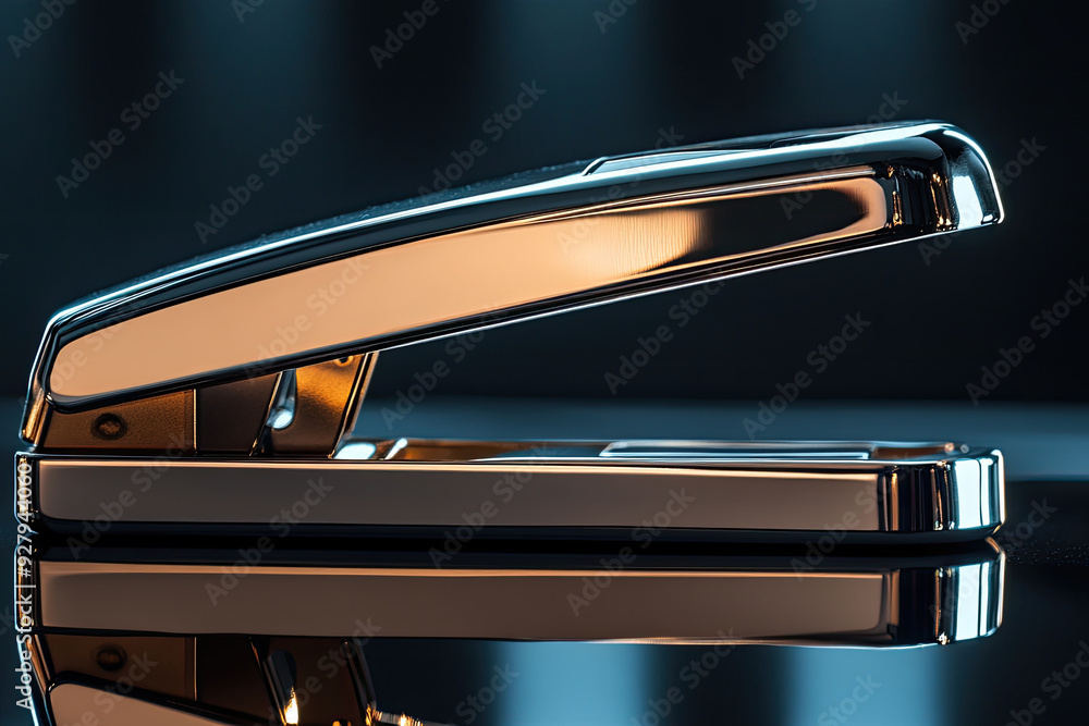 Sleek Chrome Stapler on Reflective Surface Sleek Chrome Stapler on Reflective Surface
