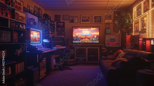Retro Gaming Room 90s Interior. Generative AI. 8k Realistic