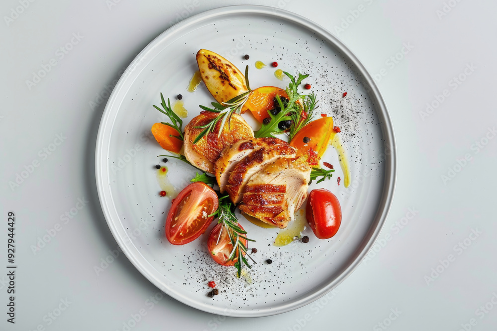 Gourmet Chicken Breast with Roasted Vegetables on a White Plate Gourmet Chicken Breast with Roasted Vegetables on a White Plate