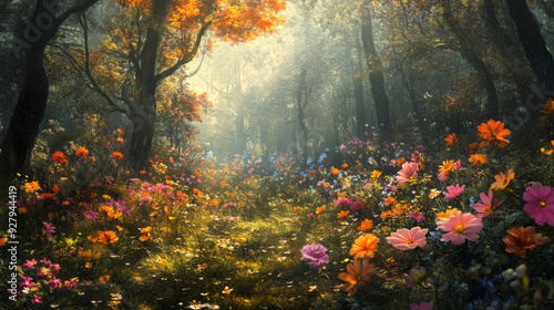 Morning forest with vibrant flowers and shimmering leaves, creating an effect of depth and space