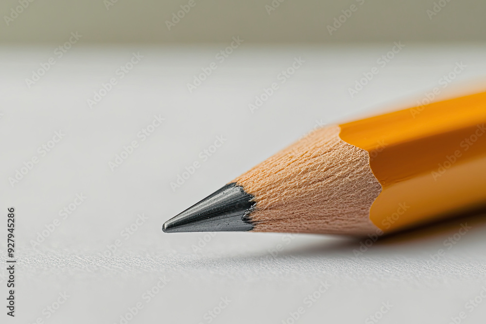 Obraz premium Closeup View of a Sharpened Yellow Pencil Tip on a Light Textured Surface