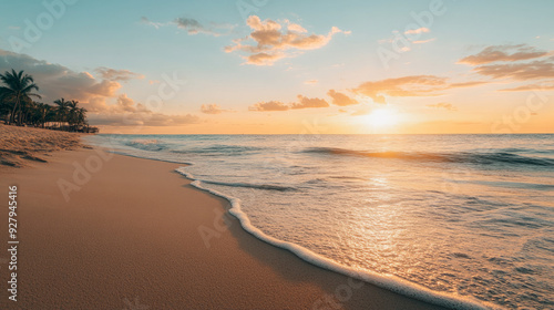 Beach sunset with parallax, where waves gently wash over the sand, creating an atmosphere of tranquility.