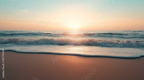 Beach sunset with parallax, where waves gently wash over the sand, creating an atmosphere of tranquility.